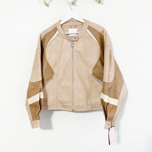 Avec Les Filles Faux Leather Racing Moto Bomber Colorblock Jacket NEW size Large - Picture 8 of 14